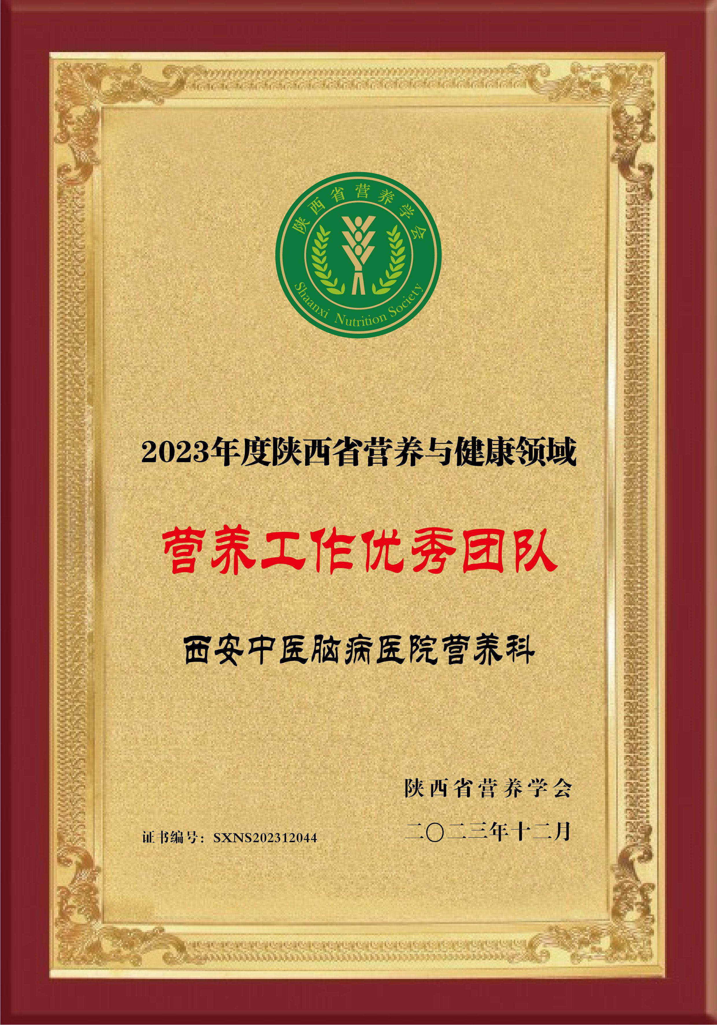 西安中医脑病医院营养科荣获“2023年度陕西省营养与健康领域营养工作优秀团